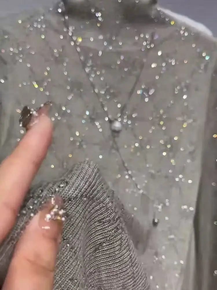 Luxury Style Diamonds Hot Drilling Turtleneck Slim Fit Gray Sweater for Women Autumn/Winter Knitwear Bottoming Pullovers Femme