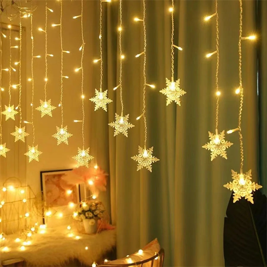 Christmas Decor Snowflake Window Curtain Garlands Led Icicle Fairy Lights Outdoor Garland for Home Party Garden New Year Decor