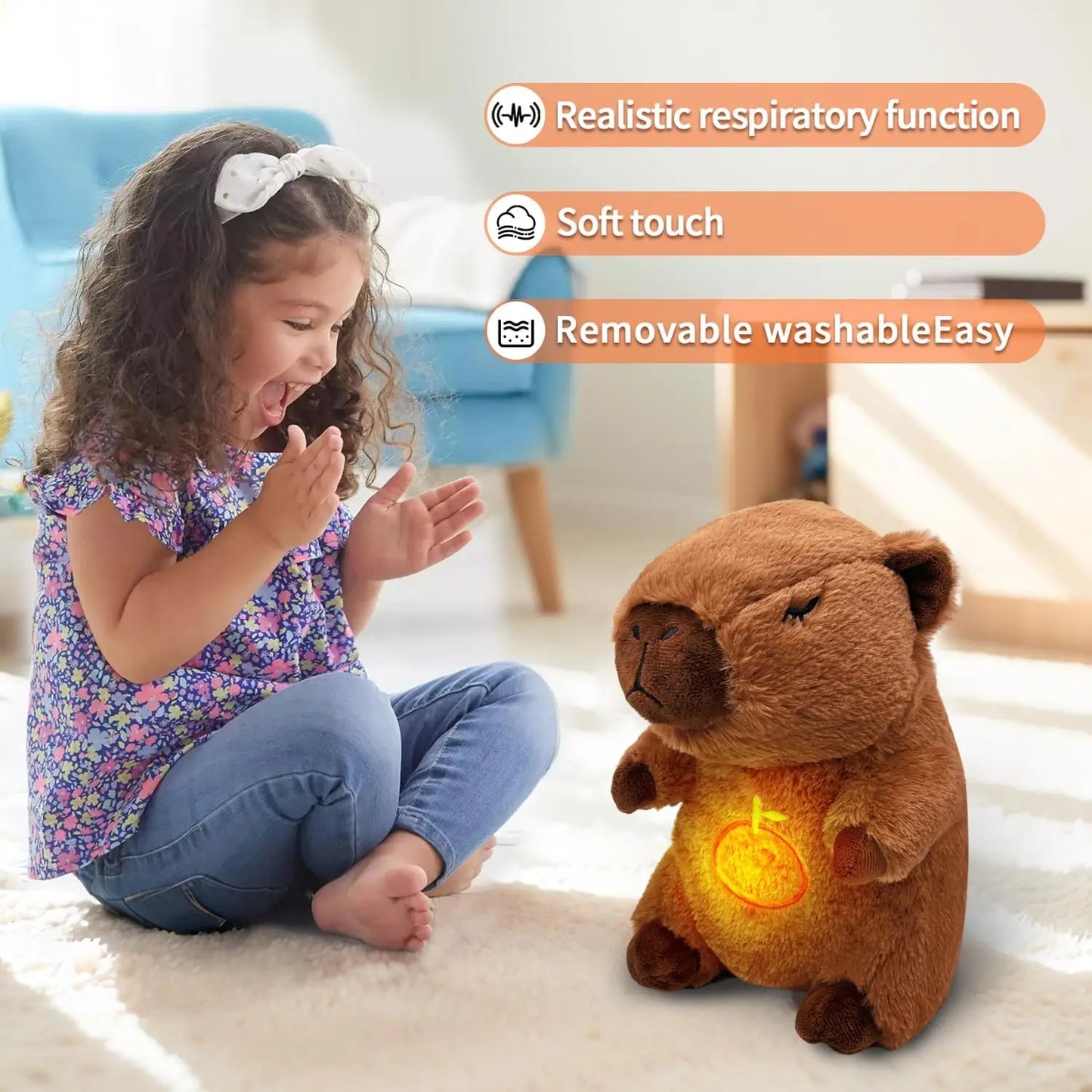Breathing Capybara Baby Animals Plush Toys Kids Plush Doll Baby Sleep Companion Sound and Light Doll Toy with Hug Stuffed