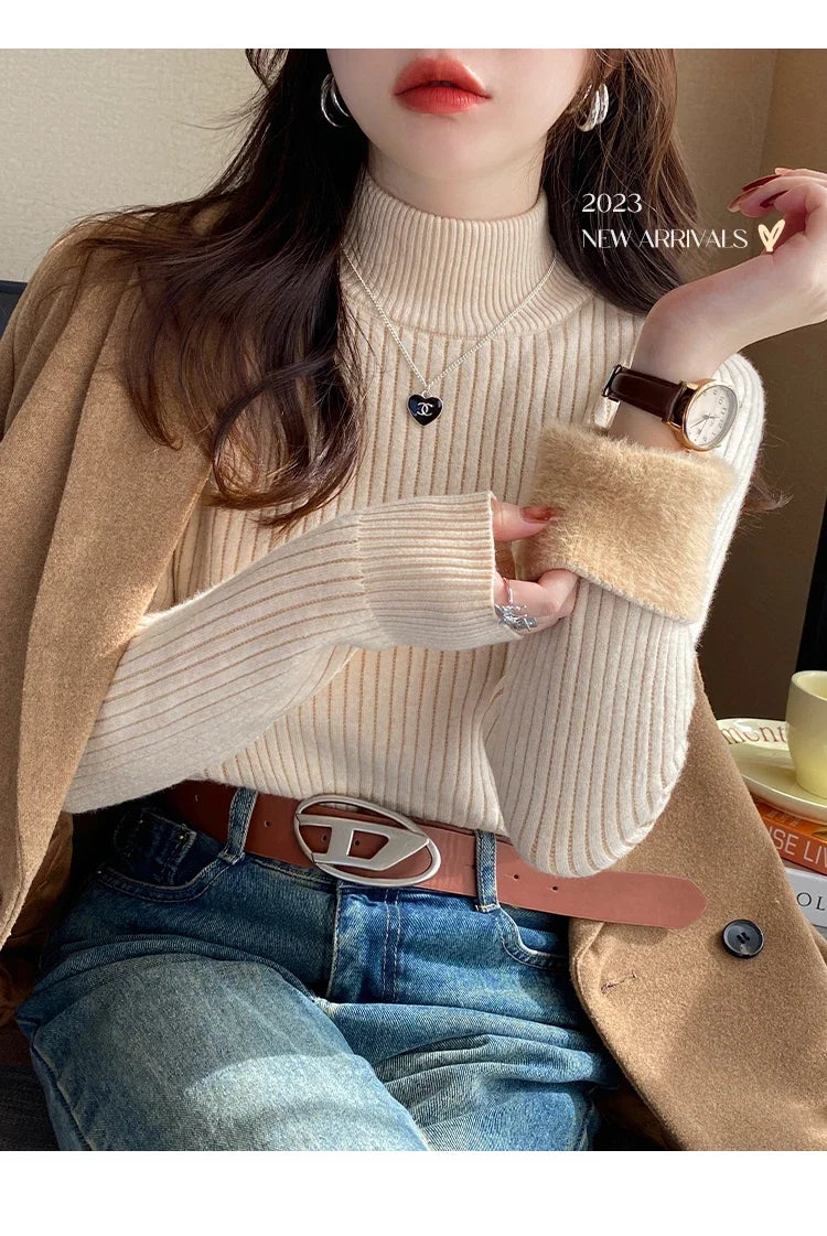 Women's Turtleneck Sweater Winter 2025 Retro Red with Velvet Lining Thickened Inner Wear Thermal Knitting Bottoming Shirt