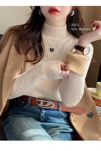 Women's Turtleneck Sweater Winter 2025 Retro Red with Velvet Lining Thickened Inner Wear Thermal Knitting Bottoming Shirt