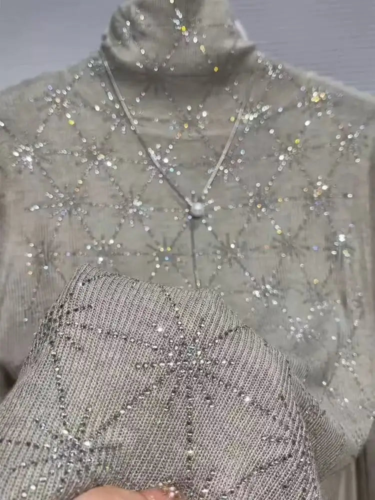 Luxury Style Diamonds Hot Drilling Turtleneck Slim Fit Gray Sweater for Women Autumn/Winter Knitwear Bottoming Pullovers Femme