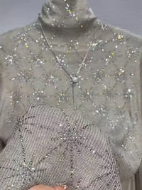 Luxury Style Diamonds Hot Drilling Turtleneck Slim Fit Gray Sweater for Women Autumn/Winter Knitwear Bottoming Pullovers Femme