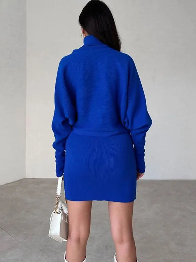 New Women's Turtleneck Sweater Winter Vintage Tight Skirt Set Knitting Korean Elegant Casual Long Sleeve Suit Tops Dress Fashion