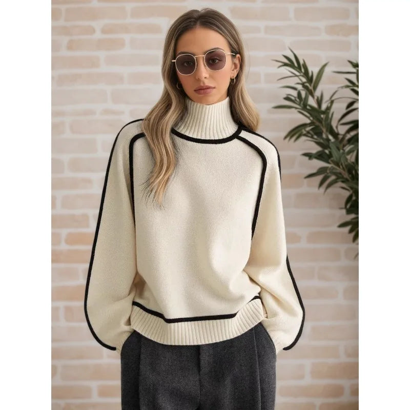 Cozy Cream Turtleneck Sweater with Black Contrast Piping Detail Oversized Knitwear for Stylish Autumn & Winter Outfits