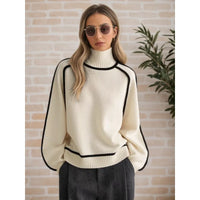 Cozy Cream Turtleneck Sweater with Black Contrast Piping Detail Oversized Knitwear for Stylish Autumn & Winter Outfits