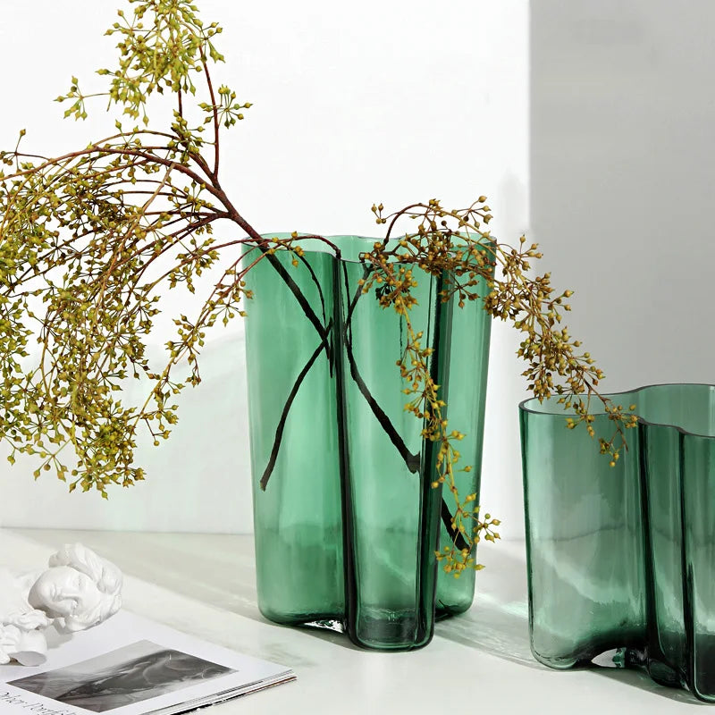 Green Glass Vase Modern Styel Transparent Flower Vase Floral Arrangement Accessories Terrarium Room Decoration Accessories
