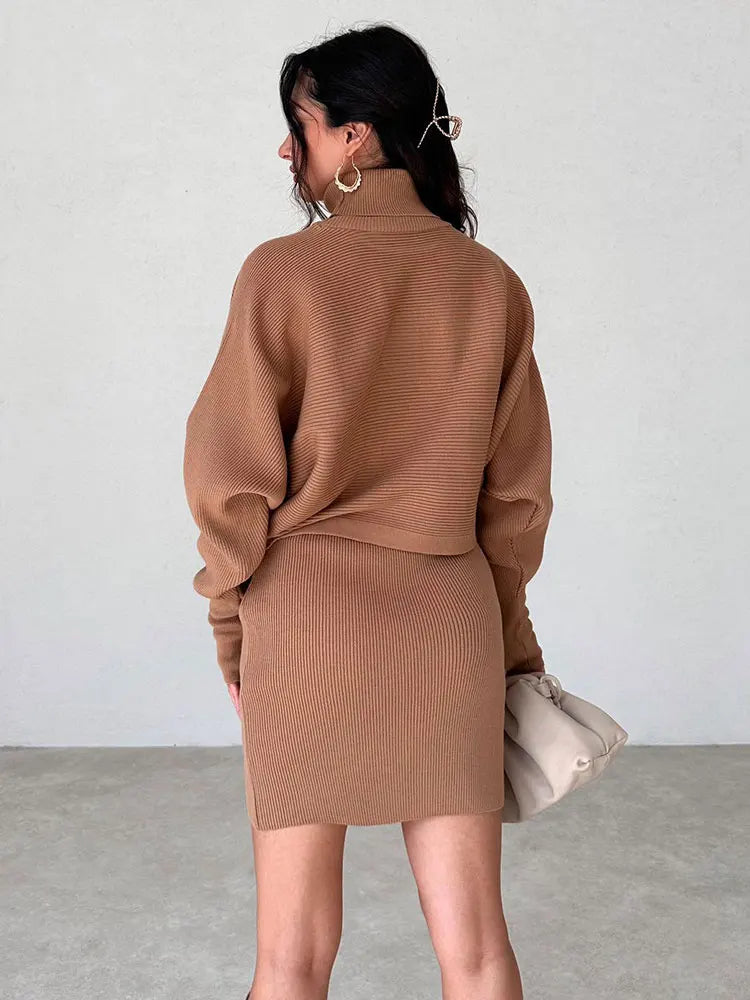 New Women's Turtleneck Sweater Winter Vintage Tight Skirt Set Knitting Korean Elegant Casual Long Sleeve Suit Tops Dress Fashion