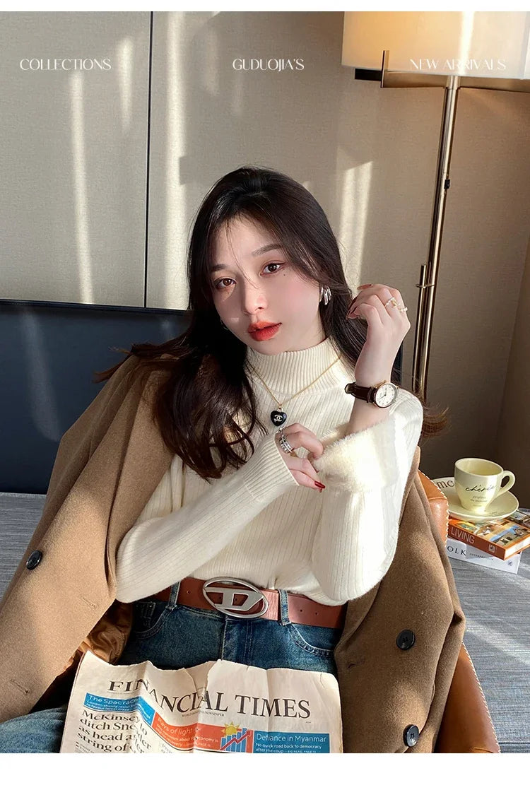 Women's Turtleneck Sweater Winter 2025 Retro Red with Velvet Lining Thickened Inner Wear Thermal Knitting Bottoming Shirt