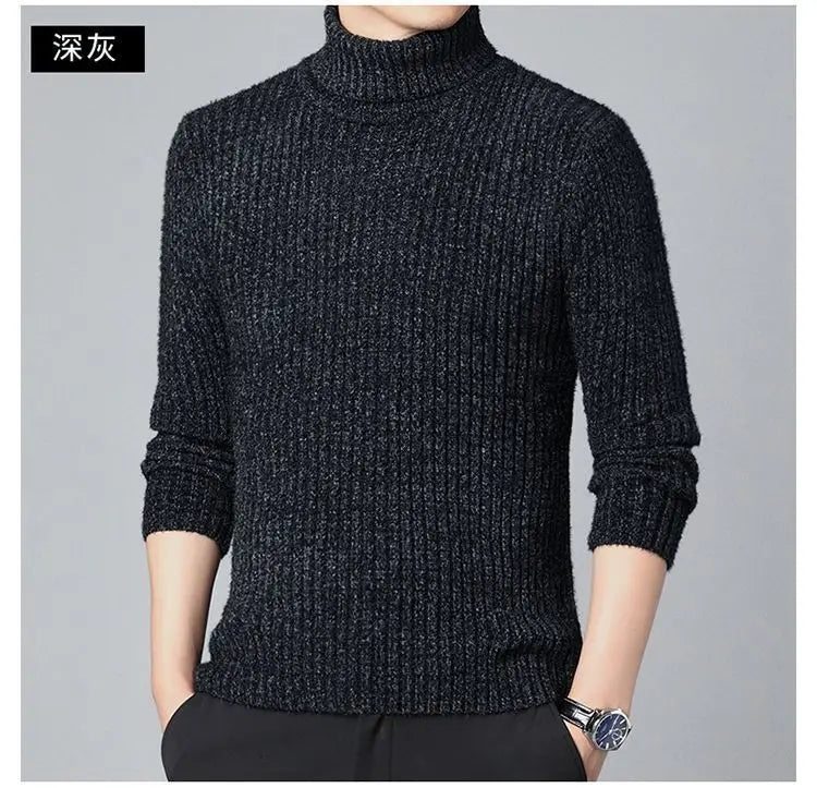 New Casual Men's Turtleneck Sweater in Winter Knitted Trendy High-end Thickened Slim Base Warm