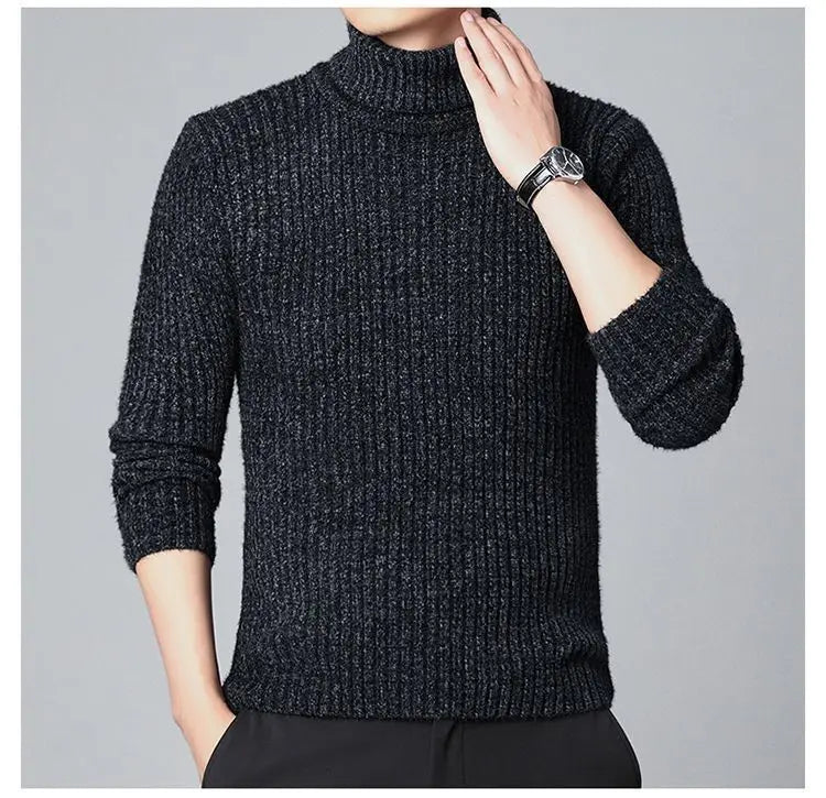 New Casual Men's Turtleneck Sweater in Winter Knitted Trendy High-end Thickened Slim Base Warm