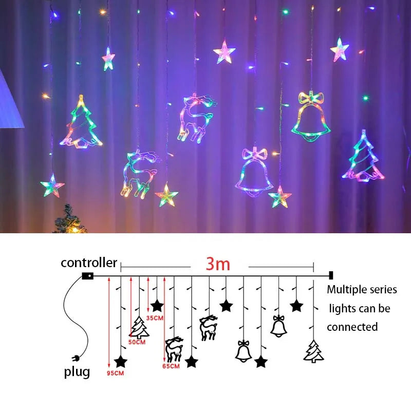 3.5m Christmas Deer Bell Star Lights LED Curtain Garland Fairy String Lights New Year Decoration for Wedding Party 2023 Holiday
