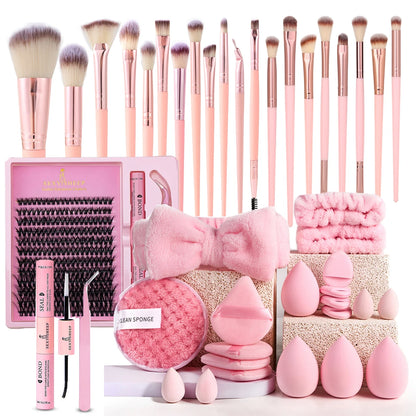 Makeup Brushes and Sponges Set, Pink Makeup Puff,  Headband, Wristband Remover ,  8-16mm DIY Eyelash Extension Kit makeup tool