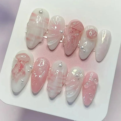 24PCS Glossy Pink Blush Almond Press on False Nails 3D Flower Butterfly Sweet French Fake Nails for Women Wearable Nail Manicure