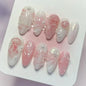 24PCS Glossy Pink Blush Almond Press on False Nails 3D Flower Butterfly Sweet French Fake Nails for Women Wearable Nail Manicure