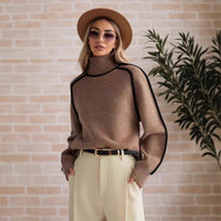 Cozy Cream Turtleneck Sweater with Black Contrast Piping Detail Oversized Knitwear for Stylish Autumn & Winter Outfits
