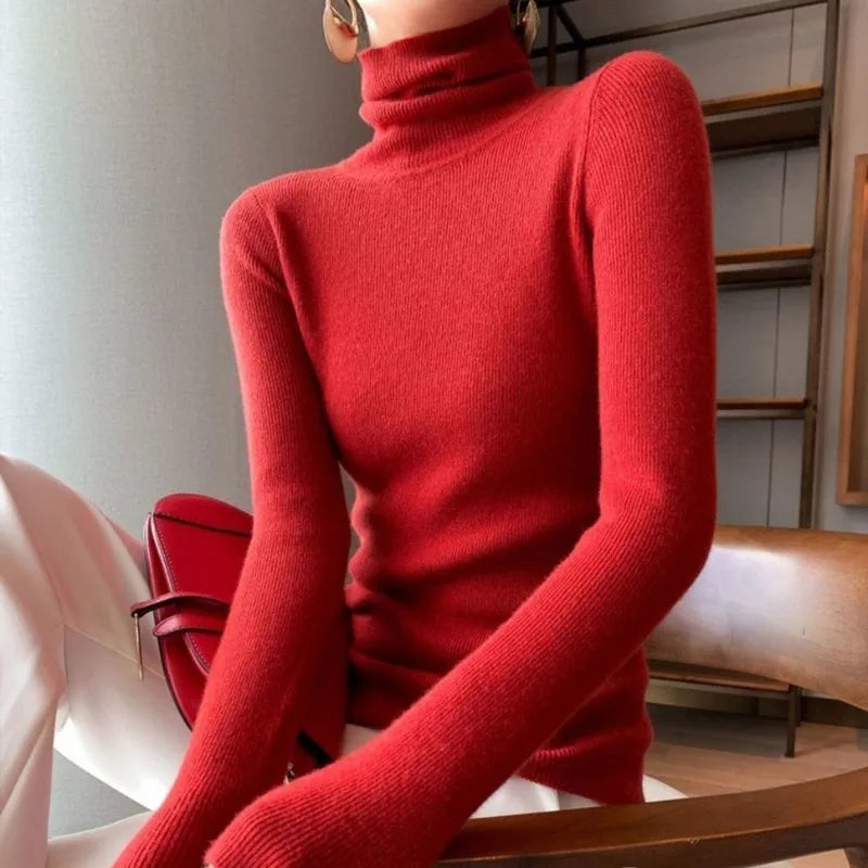 2025 Classic Turtleneck Solid Color Sweater Autumn New Korean Style Long Sleeved Slim Fit Sweater Fashion Knitted Primershirt