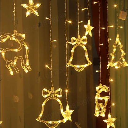 3.5m Christmas Deer Bell Star Lights LED Curtain Garland Fairy String Lights New Year Decoration for Wedding Party 2023 Holiday
