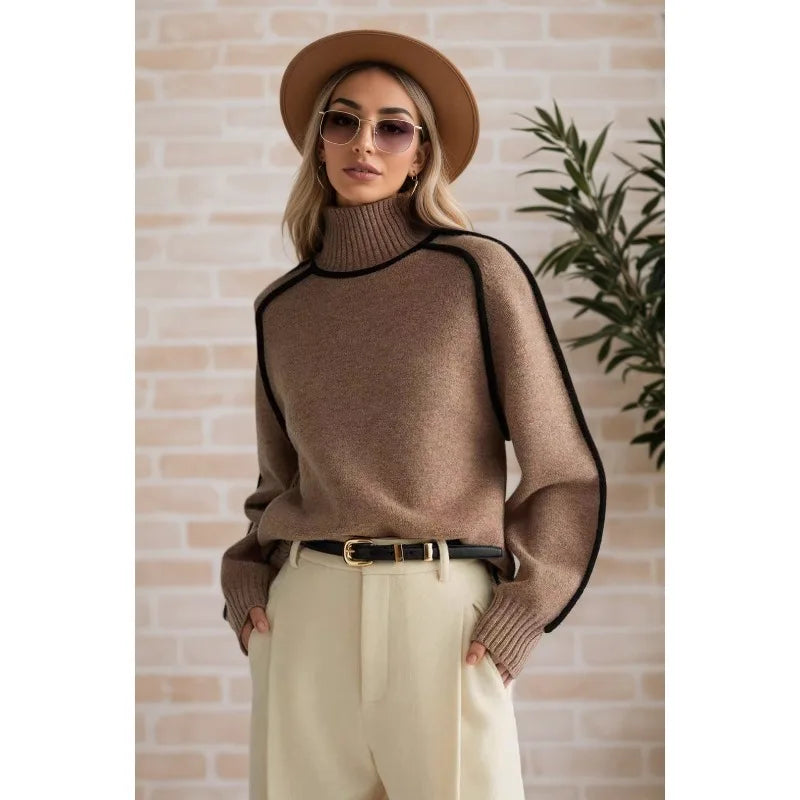 Cozy Cream Turtleneck Sweater with Black Contrast Piping Detail Oversized Knitwear for Stylish Autumn & Winter Outfits