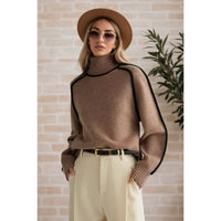 Cozy Cream Turtleneck Sweater with Black Contrast Piping Detail Oversized Knitwear for Stylish Autumn & Winter Outfits