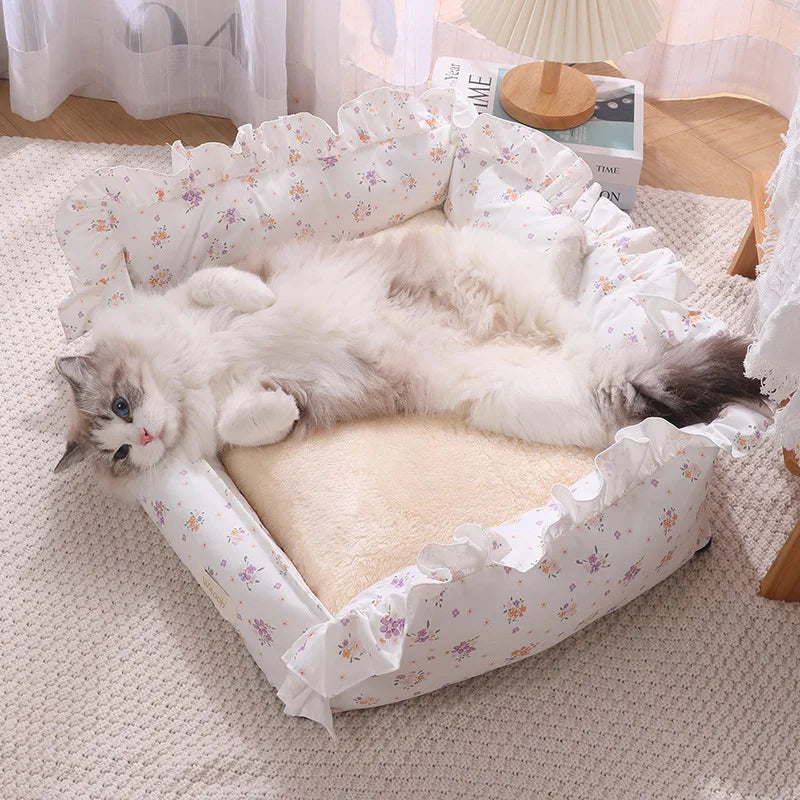 Autumn Winter Korean Style Floral Border Dogs Cat Bed Detachable Washable Warm Cute Pets Mat Four Seasons Universal Pet Supplies