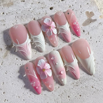 24PCS Glossy Pink Blush Almond Press on False Nails 3D Flower Butterfly Sweet French Fake Nails for Women Wearable Nail Manicure