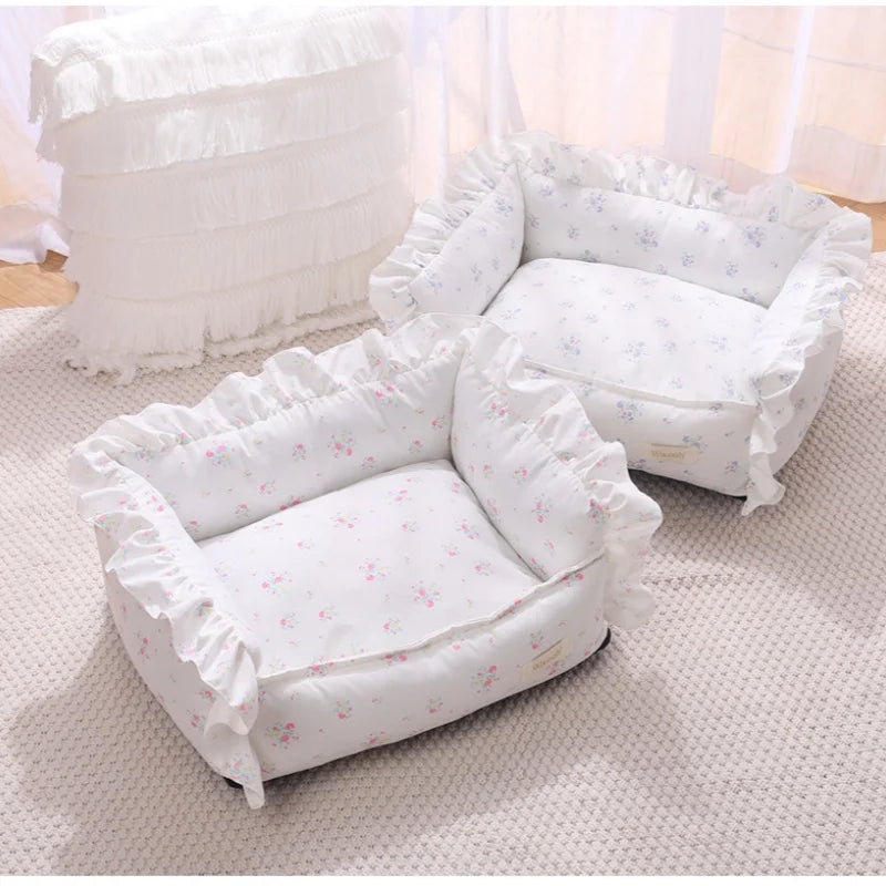 Autumn Winter Korean Style Floral Border Dogs Cat Bed Detachable Washable Warm Cute Pets Mat Four Seasons Universal Pet Supplies