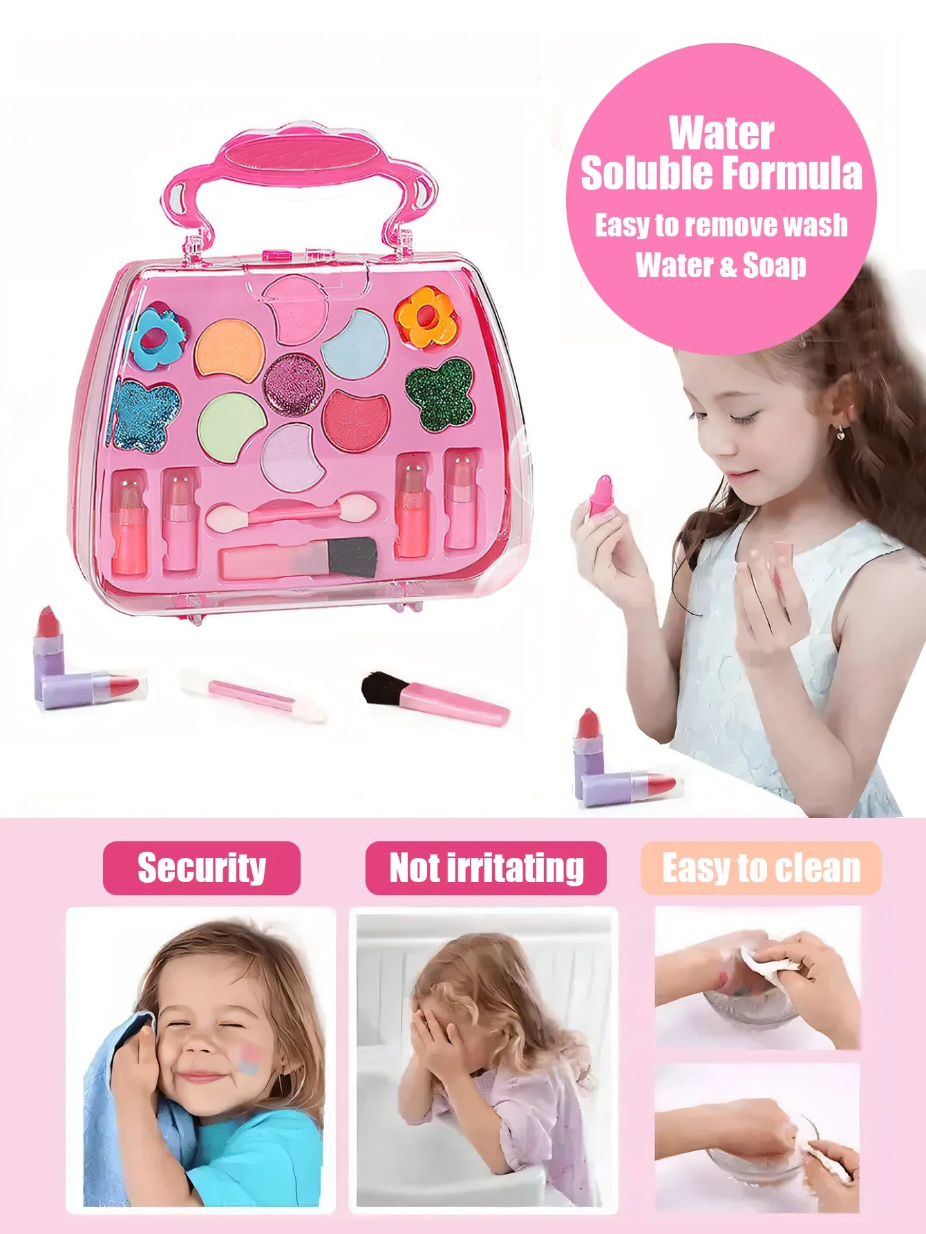 Children’s Beauty Toy  Princess Washable Makeup Bag Set (With Mirror) – Non-Toxic & Safe Pretend Play Gift
