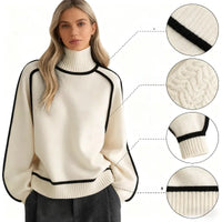 Cozy Cream Turtleneck Sweater with Black Contrast Piping Detail Oversized Knitwear for Stylish Autumn & Winter Outfits