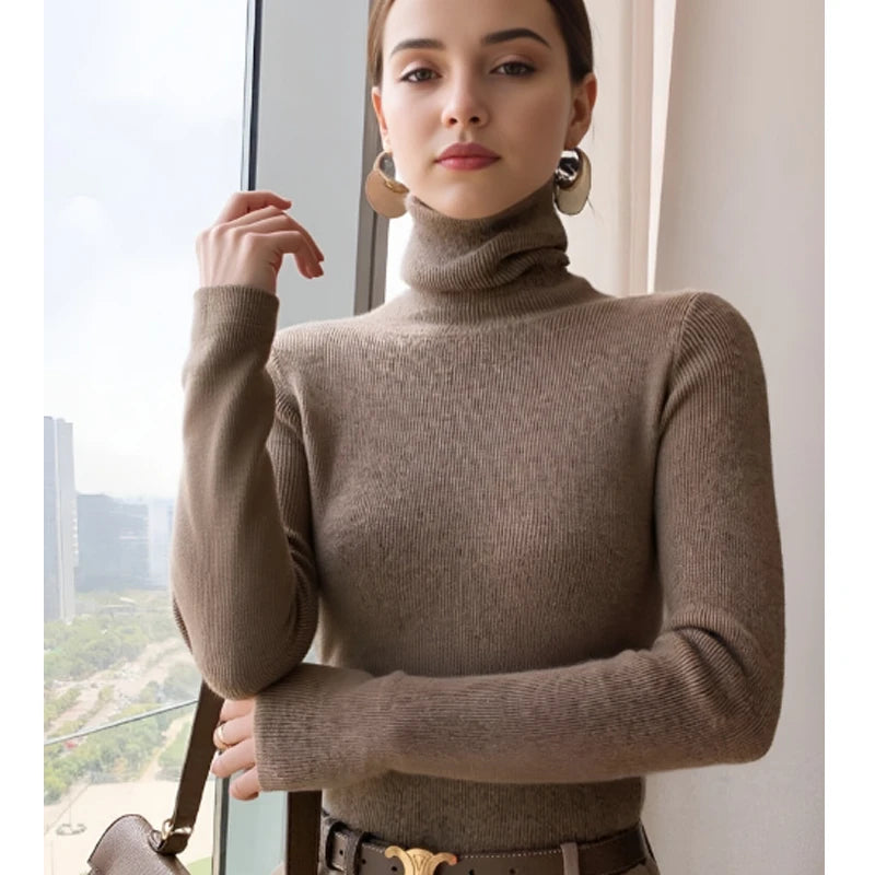 2025 Classic Turtleneck Solid Color Sweater Autumn New Korean Style Long Sleeved Slim Fit Sweater Fashion Knitted Primershirt