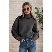 Cozy Cream Turtleneck Sweater with Black Contrast Piping Detail Oversized Knitwear for Stylish Autumn & Winter Outfits