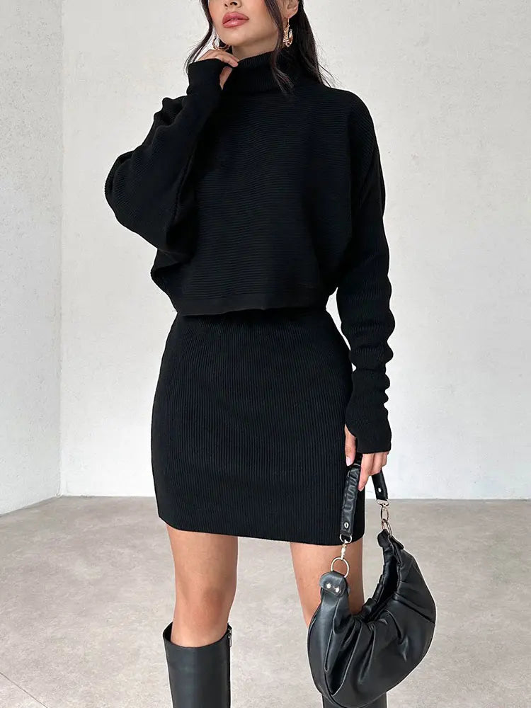 New Women's Turtleneck Sweater Winter Vintage Tight Skirt Set Knitting Korean Elegant Casual Long Sleeve Suit Tops Dress Fashion