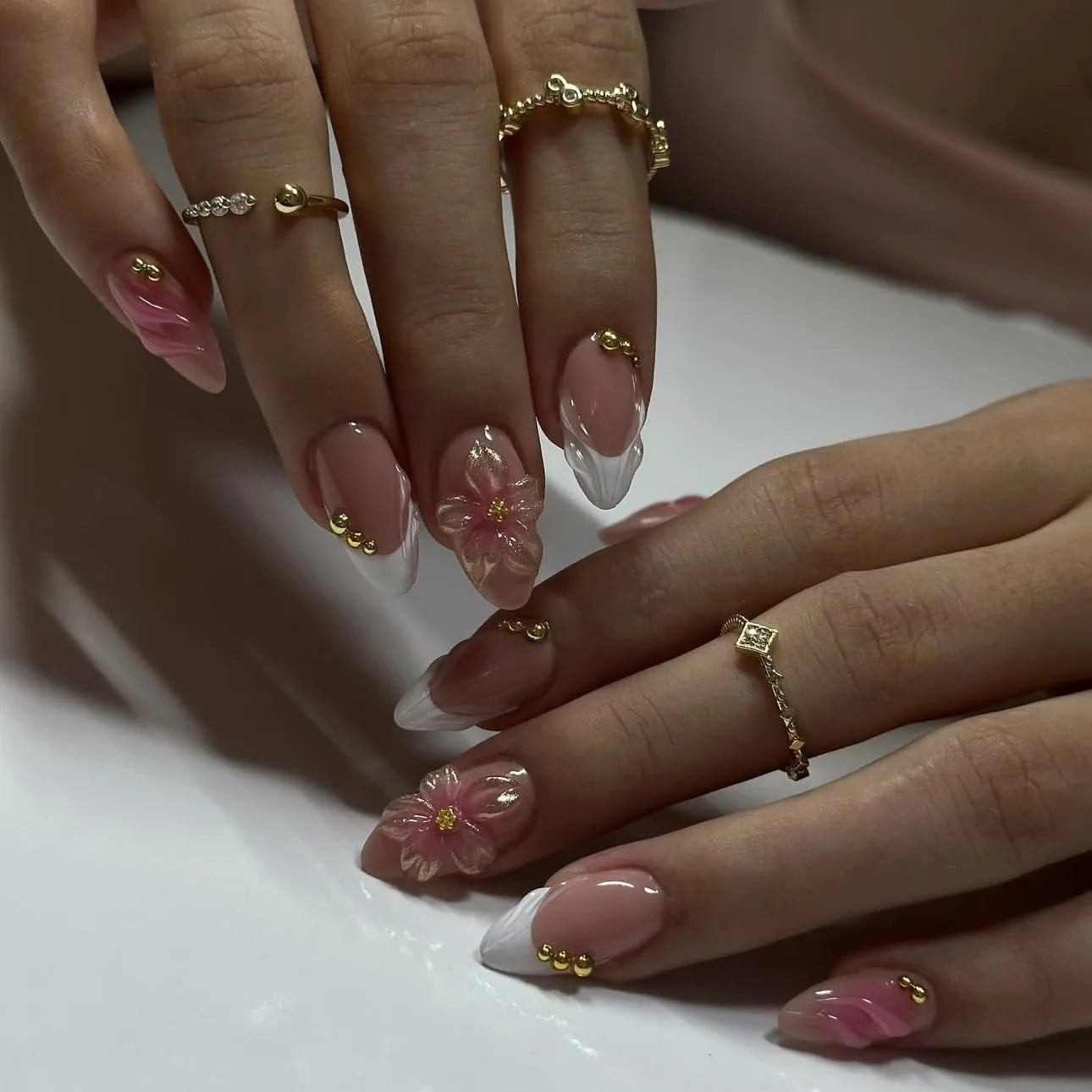 24PCS Glossy Pink Blush Almond Press on False Nails 3D Flower Butterfly Sweet French Fake Nails for Women Wearable Nail Manicure