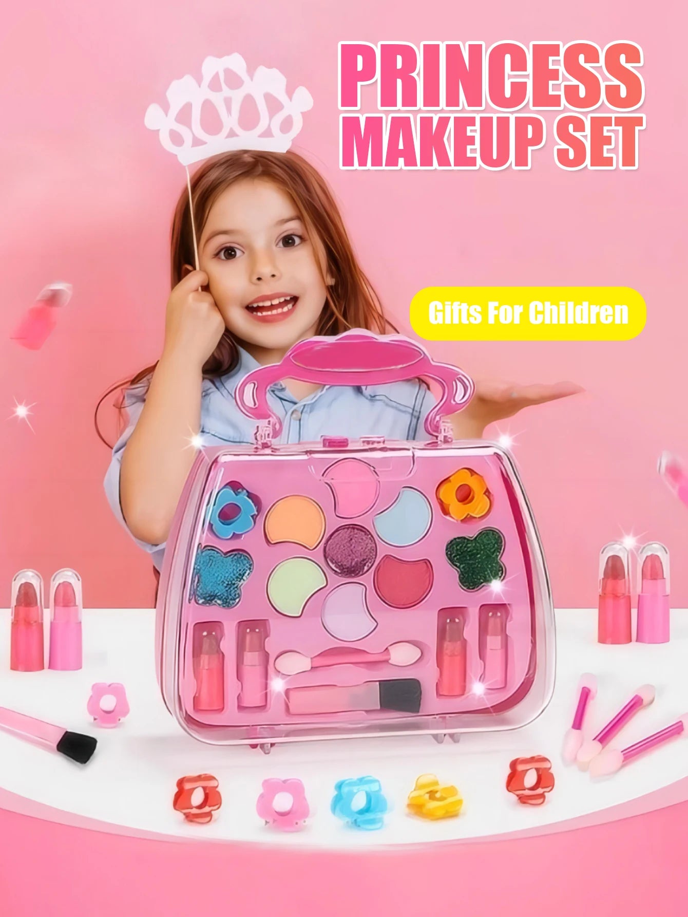 Children’s Beauty Toy  Princess Washable Makeup Bag Set (With Mirror) – Non-Toxic & Safe Pretend Play Gift