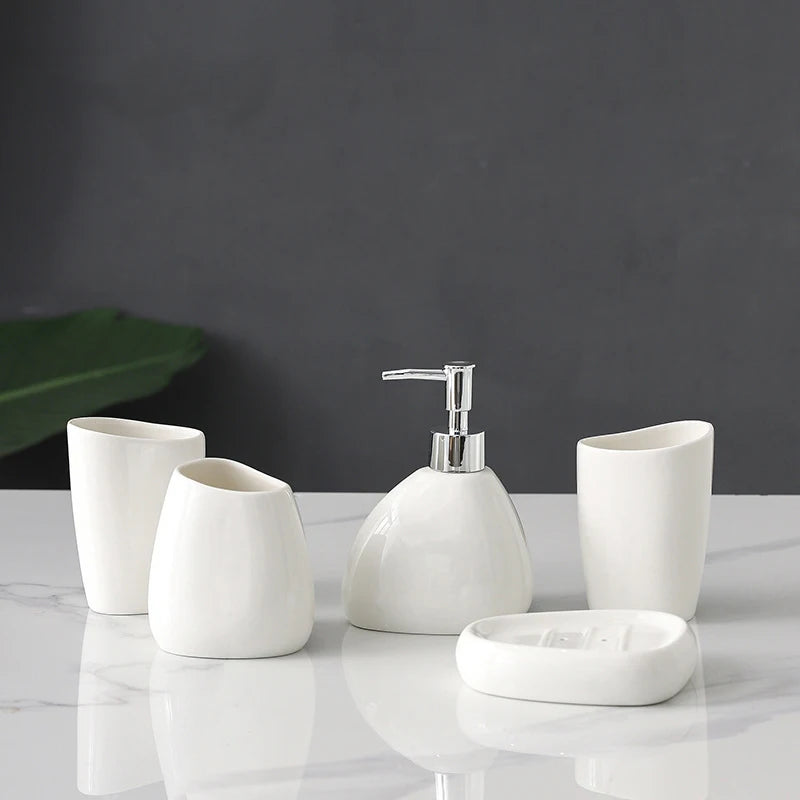 Complete Ceramic Bathroom Accessories Set with Soap Dispenser Tumbler Toothbrush Holder and Soap Dish Bathroom Organizer