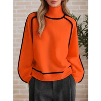 Cozy Cream Turtleneck Sweater with Black Contrast Piping Detail Oversized Knitwear for Stylish Autumn & Winter Outfits