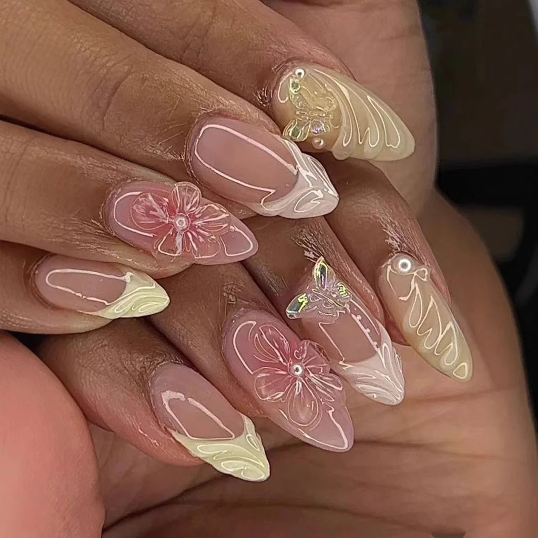 24PCS Glossy Pink Blush Almond Press on False Nails 3D Flower Butterfly Sweet French Fake Nails for Women Wearable Nail Manicure