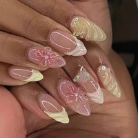 24PCS Glossy Pink Blush Almond Press on False Nails 3D Flower Butterfly Sweet French Fake Nails for Women Wearable Nail Manicure