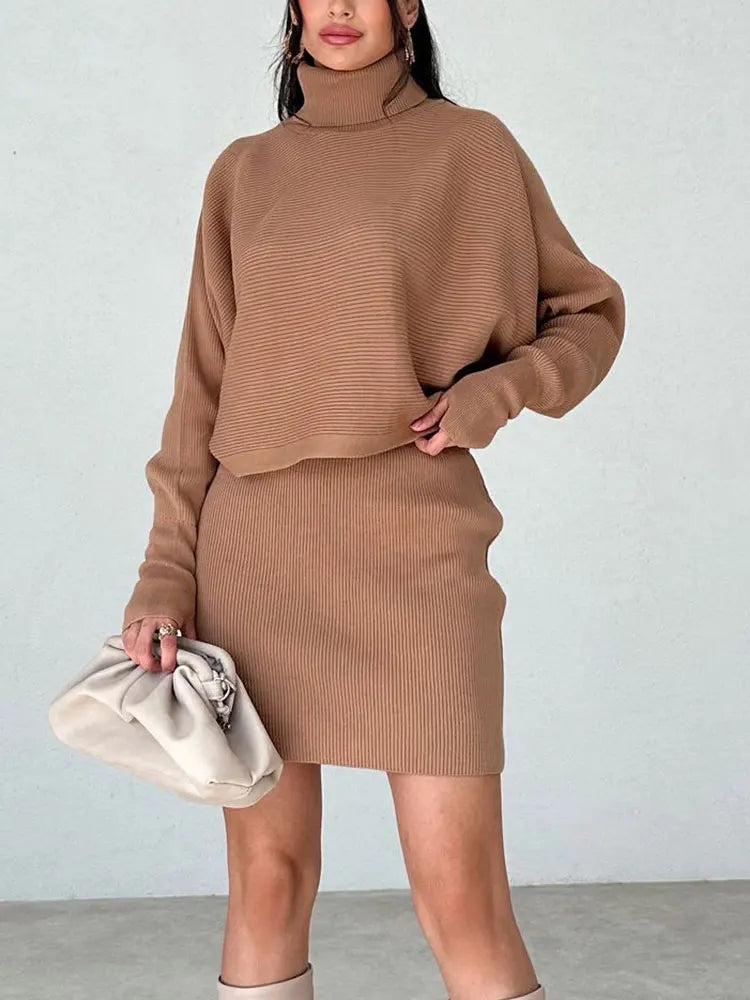 New Women's Turtleneck Sweater Winter Vintage Tight Skirt Set Knitting Korean Elegant Casual Long Sleeve Suit Tops Dress Fashion