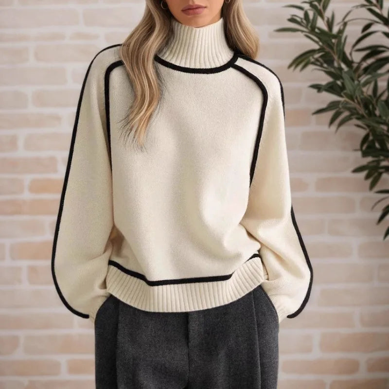 Cozy Cream Turtleneck Sweater with Black Contrast Piping Detail Oversized Knitwear for Stylish Autumn & Winter Outfits