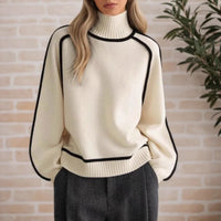 Cozy Cream Turtleneck Sweater with Black Contrast Piping Detail Oversized Knitwear for Stylish Autumn & Winter Outfits