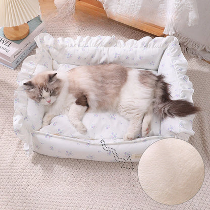 Autumn Winter Korean Style Floral Border Dogs Cat Bed Detachable Washable Warm Cute Pets Mat Four Seasons Universal Pet Supplies