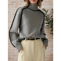 Cozy Cream Turtleneck Sweater with Black Contrast Piping Detail Oversized Knitwear for Stylish Autumn & Winter Outfits