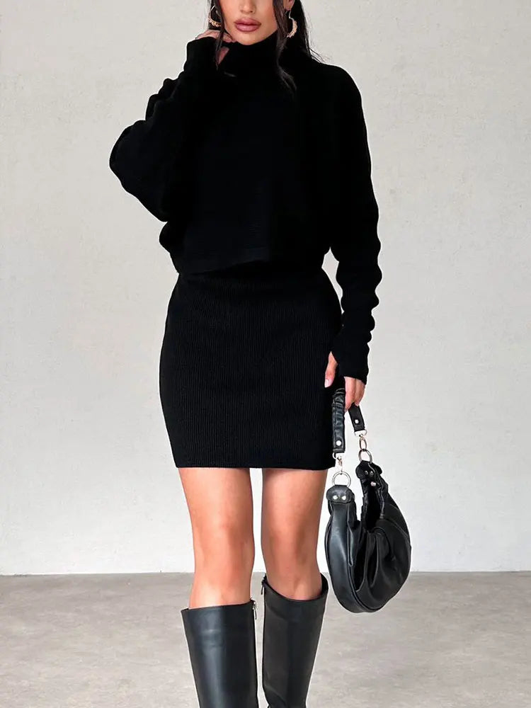New Women's Turtleneck Sweater Winter Vintage Tight Skirt Set Knitting Korean Elegant Casual Long Sleeve Suit Tops Dress Fashion