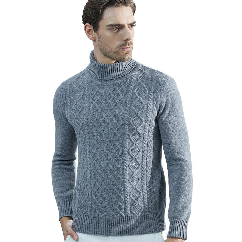 Fashion TurtleNeck Men's Knitted Sweaters Cashmere Sweater 100% Merino Wool Thick Knit Pullover Winter Fall Male Jumper Clothing