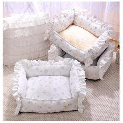 Autumn Winter Korean Style Floral Border Dogs Cat Bed Detachable Washable Warm Cute Pets Mat Four Seasons Universal Pet Supplies