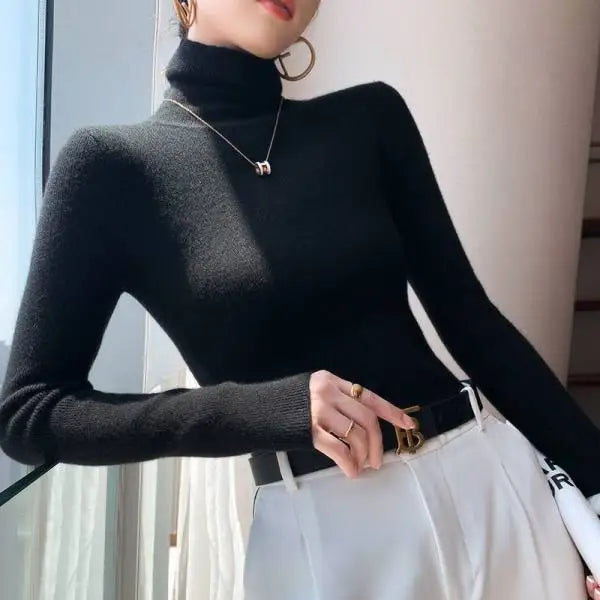 2025 Classic Turtleneck Solid Color Sweater Autumn New Korean Style Long Sleeved Slim Fit Sweater Fashion Knitted Primershirt