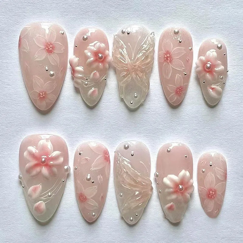 24PCS Glossy Pink Blush Almond Press on False Nails 3D Flower Butterfly Sweet French Fake Nails for Women Wearable Nail Manicure