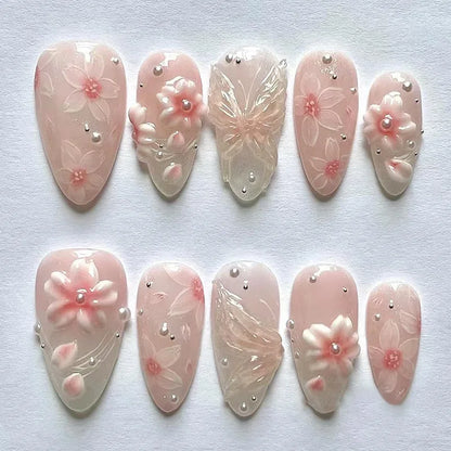 24PCS Glossy Pink Blush Almond Press on False Nails 3D Flower Butterfly Sweet French Fake Nails for Women Wearable Nail Manicure