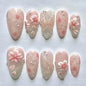 24PCS Glossy Pink Blush Almond Press on False Nails 3D Flower Butterfly Sweet French Fake Nails for Women Wearable Nail Manicure